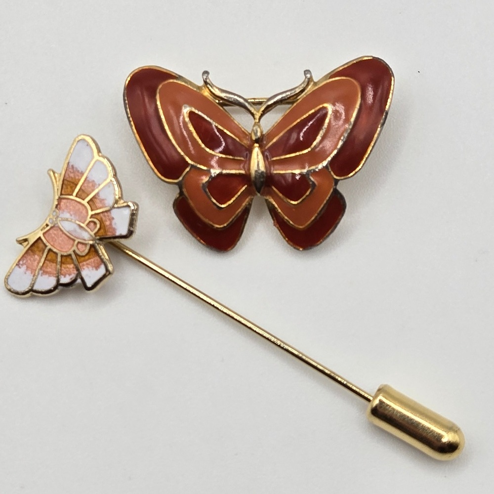 Butterfly Brooch & Stick Pin Set Gold Tone Enamel Lapel Insect Whimsical